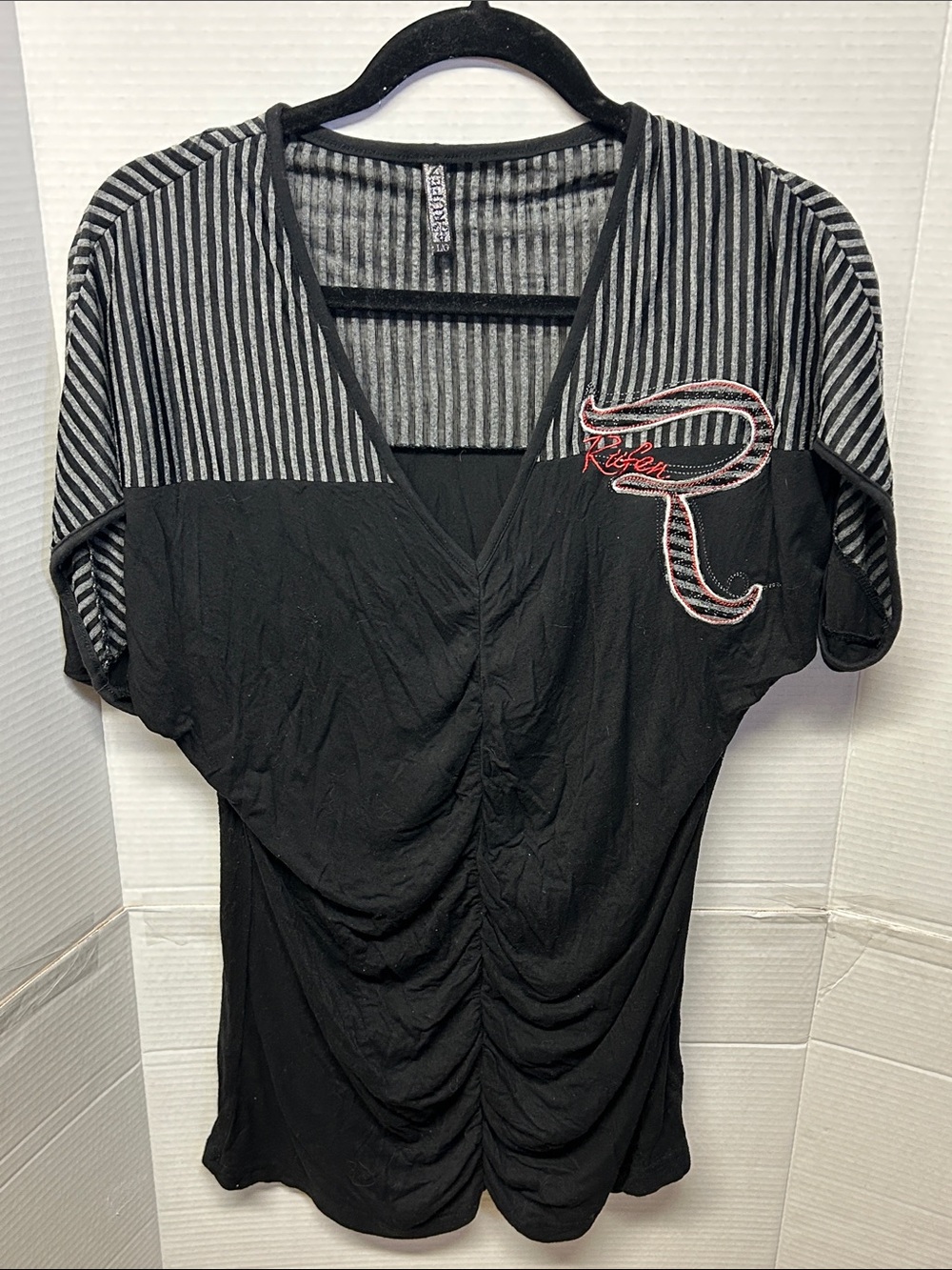 Black Rufen V-Neck Top with Striped Yoke